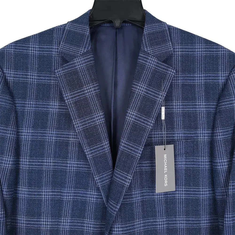Michael Kors Mens Classic Fit Sport Coat Blazer 54R Blue Plaid Stretch NWT